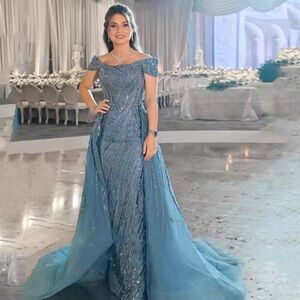 Dusty Blue Sequin Luxury Long Evening Dresses with a Train,and Off the Shoulder